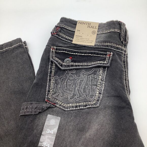 Ninth Hall‎ Mens Signal Stacked Flare Distressed Jeans Black Size 34 x 35 NWT - Picture 1 of 11